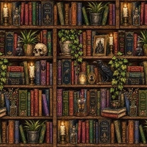 Cozy Gothic Library Bookshelf Pattern. Small scale. by lessandlovely Cozy Gothic Library Bookshelf Pattern. Small scale.