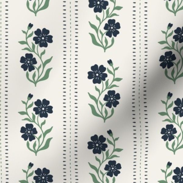 Hand Drawn Wildflower Pinstripe Pattern in Dark Blue and Sage Green Medium