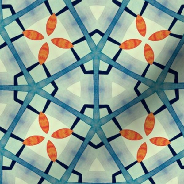 Watercolor Blue Plaid Kaleidoscope with Orange Petals Pattern