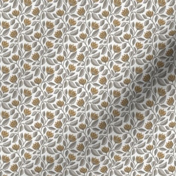 XS Beige Grey Chintz Floral Vine - White Linen Look Art Nouveau Botanical
