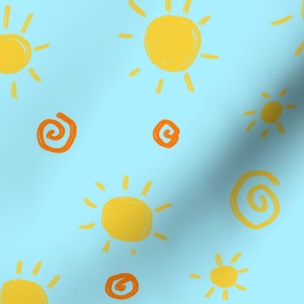 Hand Drawn Bright Sunshine - Kids Doodle - Light Blue Orange Yellow - Large