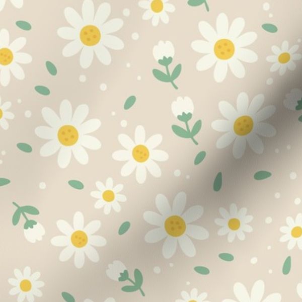Daisy Floral Seamless Pattern with Tiny Meadow Flowers-Warm Cream Beige
