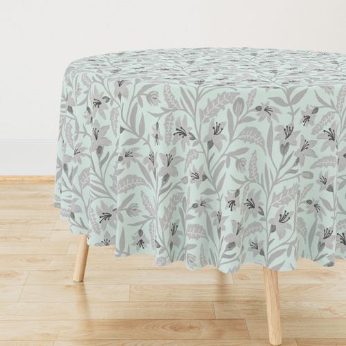 (l) Neutral Gray Lily Floral Vine Aqua Blue Modern Farmhouse Nursery Wall