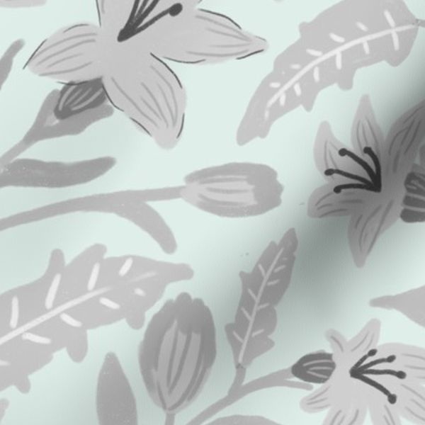 (l) Neutral Gray Lily Floral Vine Aqua Blue Modern Farmhouse Nursery Wall