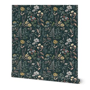 Stylised Flowers & Leaves Floral Garden Multicoloured Dark Green 12"