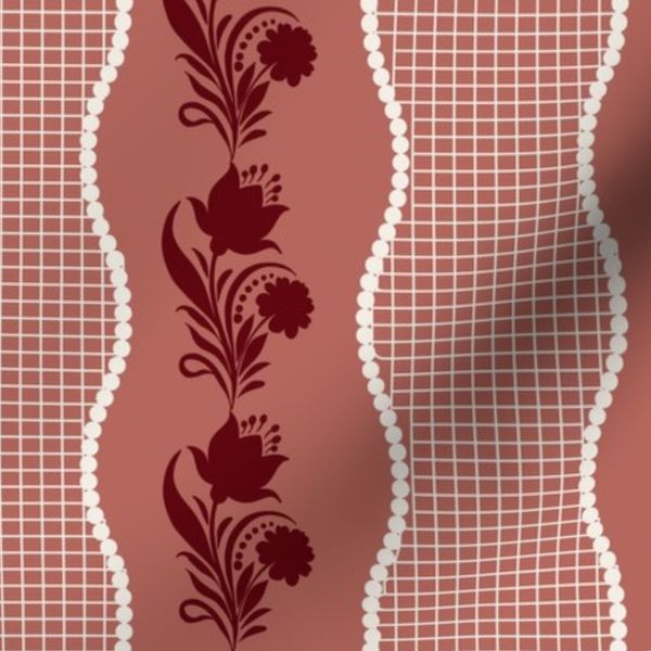 Bel - Lacey floral stripes (creamy white and burgundy on henna shade)