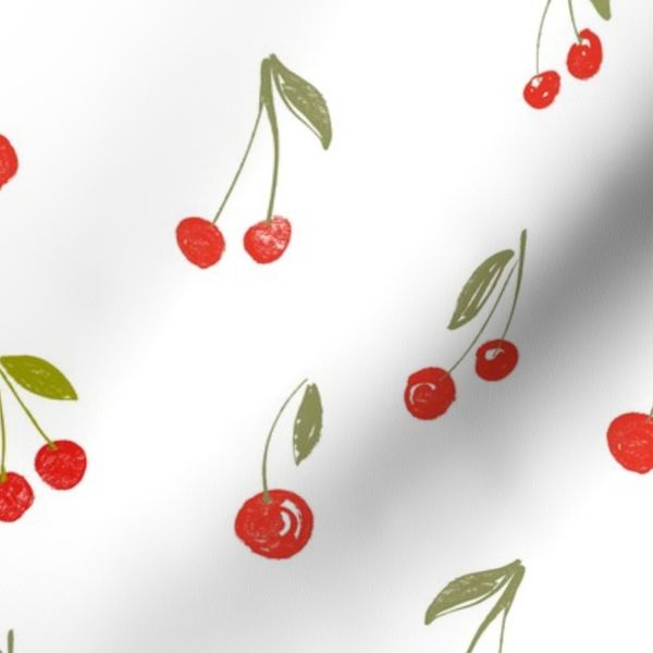 Naive Cherry Pattern with Green Leaves on White Background