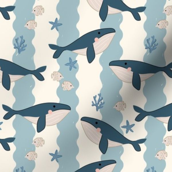 Soft boho whale fish ocean theme summer sea whales vintage blue stripes