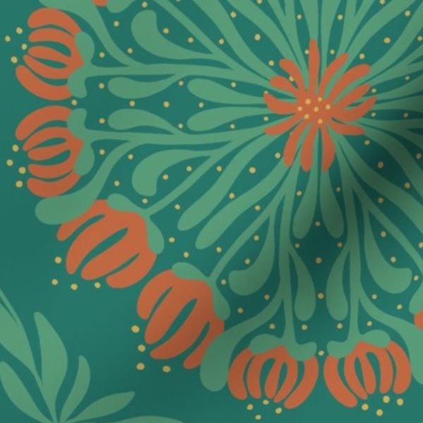 Mandala Flora LARGE teal green blue muted orange yellow hand drawn flowers