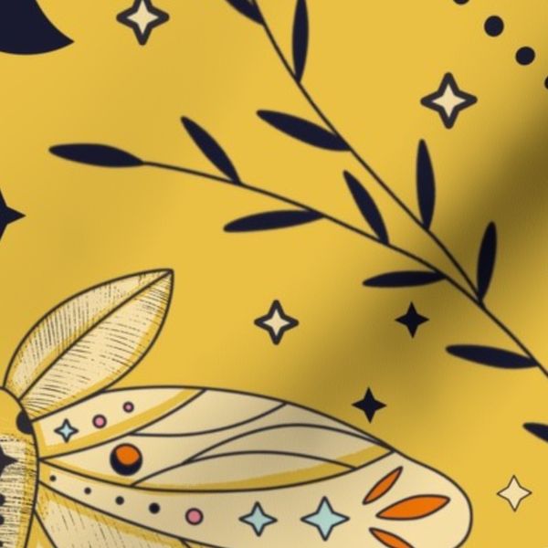 Yellow Moth Folk Art Floral Pattern