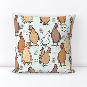 (M) Cute Whimsical Farm Chickens in Light Green