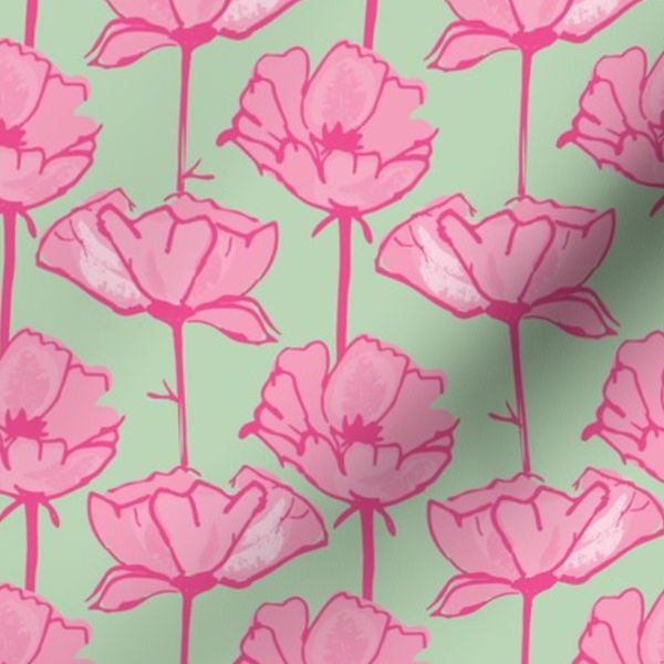 Pink & Green Poppy Floral - Modern Botanical Wildflower Print Large