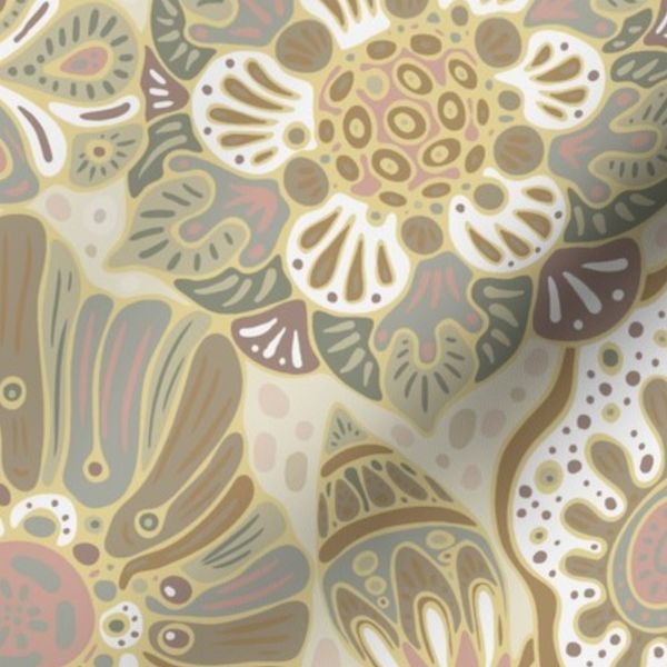 Fantasy Botanical Flowers Garden - Dusty Rose Taupe & Ochre on Linen Boho