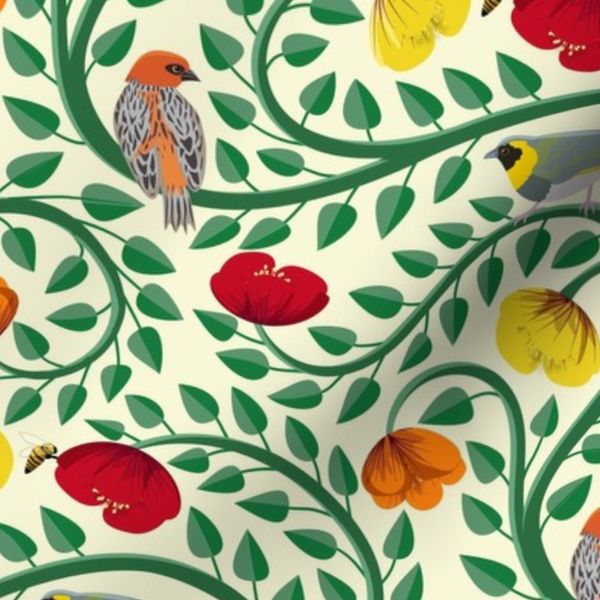 Birds & Flowers Chintz - Cream - Medium scale