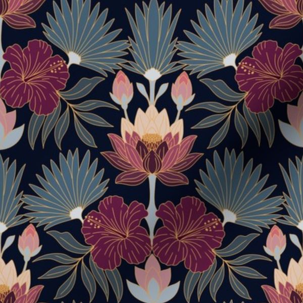 Medium scale Art Nouveau Hibiscus Lotus Botanical Damask Floral Wallpaper
