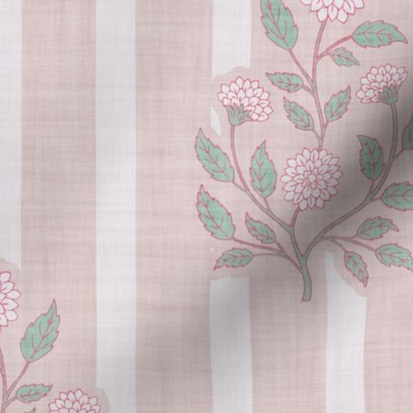 Block Print Dahlia On Stripes Soft Pale Pink