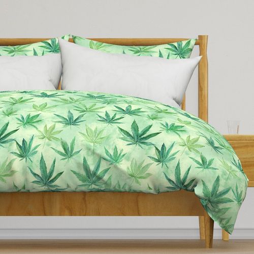 Green Cannabis Leaf Watercolour Print Botanical Tossed Fabric