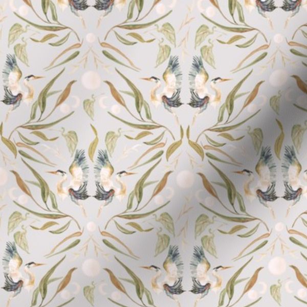 Small Vintage Faded Grey Blue Heron Birds Coastal Moon Leaf Wallpaper