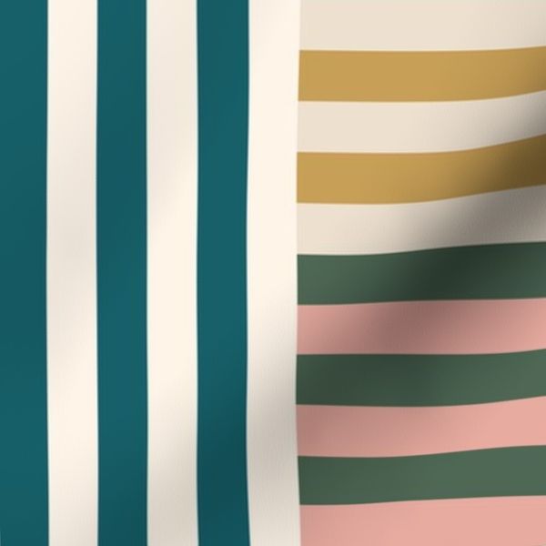 Chintz Coordinate Geometric Stripe Fabric Wallpaper Teal Ochre Cream (S)