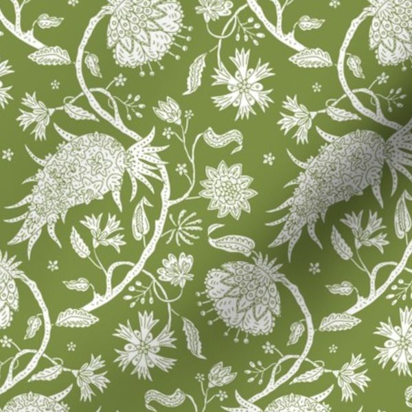 S Jacobean Floral Arts Crafts Revival Paisley - Olive Green Monochrome