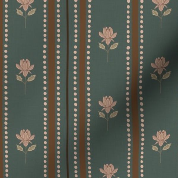 Modern Cottage brown vertical stripes florals on dark green background (S)