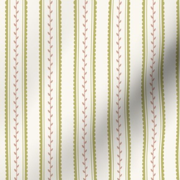 Leafy Vertical Pink Stripes on Off White - Minimalist Green Scalloped Edges