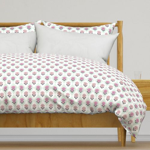 Indian Block Print Florals Diamond Checks  - Pastel Green and White