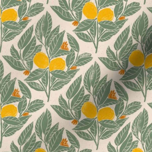 Lemon Branch Diamond Botanical Block Print - Olive + Yellow & Ochre - S