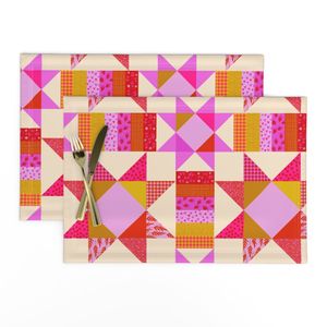 Whimsical Cottagecore Patchwork Quilt - Retro Pink and Mustard