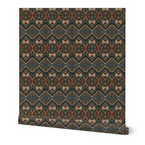 Dark Baroque Lotus Floral Pattern Teal Cream Red Gold