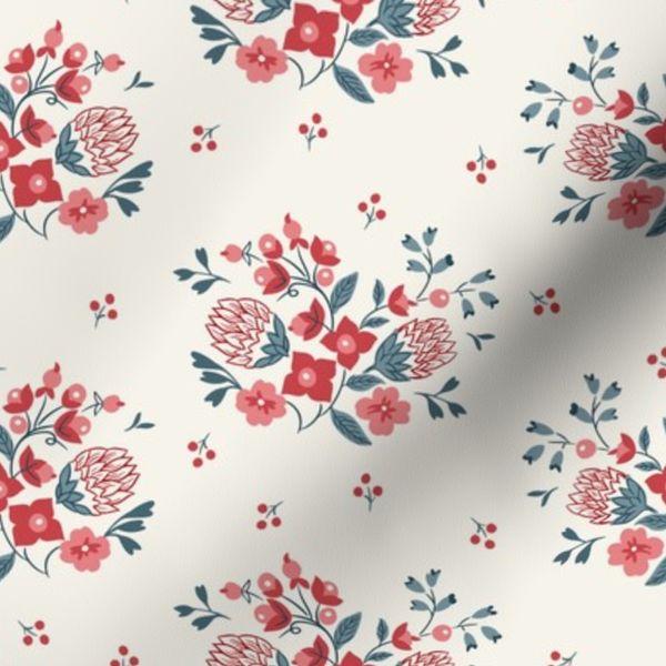 Vintage Garden Patriotic Floral Block Print Red White and Blue