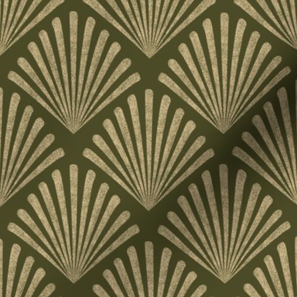 Art Deco Fan Scallop Olive Green and Cream Small