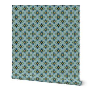 Dutch Tile Inspired Medallions w Blue and Gold Floral Motifs on Sage Green