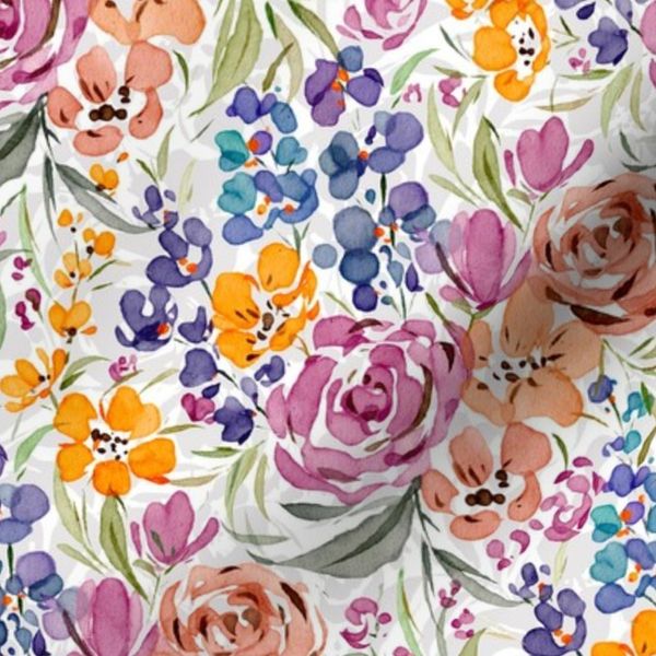 Vibrant Watercolor Wildflower Meadow Purple Roses & Orange Blooms - Small