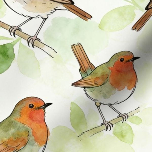 Rustic European Robins Watercolor Pattern