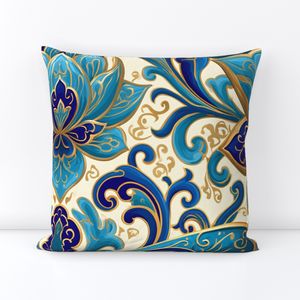 Teal Turquoise Lotus Damask Print Gold Ornate Home Decor