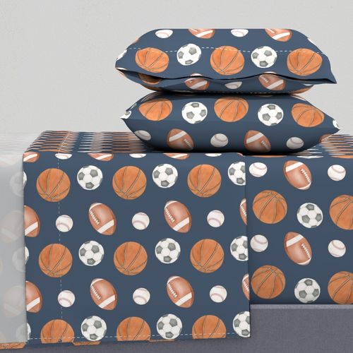 Sports Balls Watercolor on Navy - Soccer Ball Football Basketball Baseball