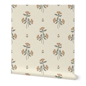 Yellow Green Simple Block Print Carnation Heritage Floral Cottage Linen
