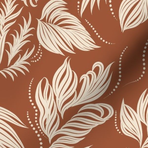 Tropical Leaf Pattern - Botanical Foliage in Cream on Terracotta