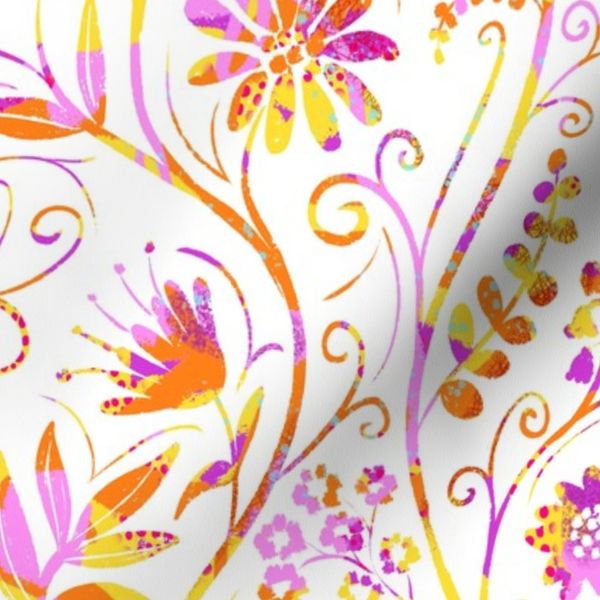 (L) Peekaboo Modern Floral Warm Colours White large 12 inch