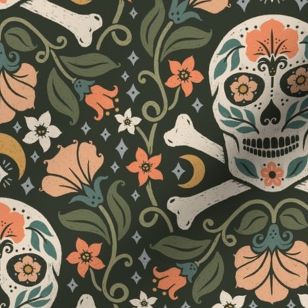 Spooky Skulls Floral Damask - Orange Green Medium