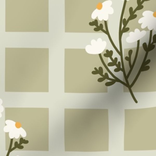 Cottagecore Daisy Bouquet on Sage Green Checkered Windowpane