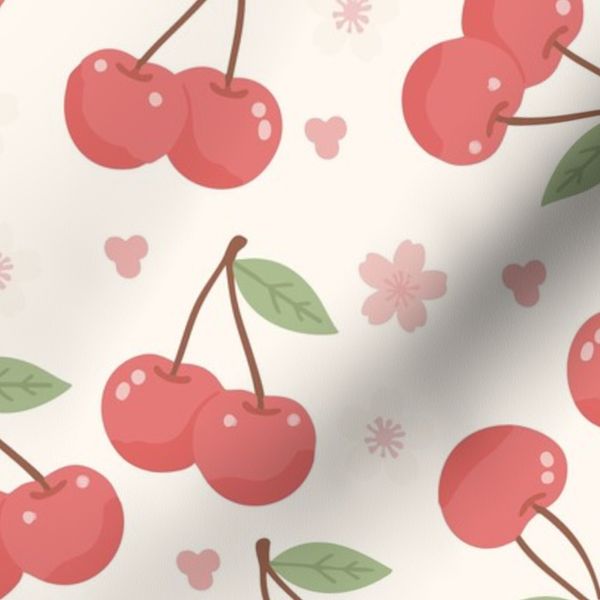 Cute Cherry Seamless Pattern with Tiny Flowers and Hearts-Soft Cream