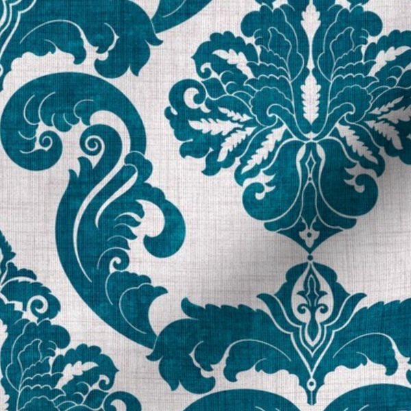 Teal Blue Ornamental Damask of Scrolling Acanthus Leaves Neutral Background