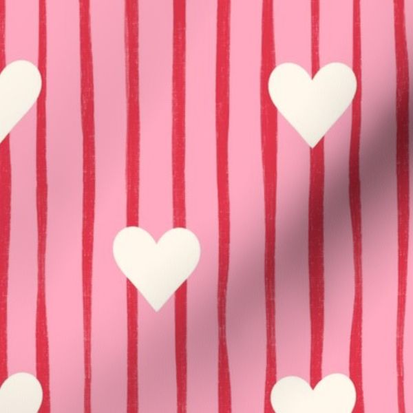 Hand Drawn Cream Hearts on Pink and Red Textured Stripes