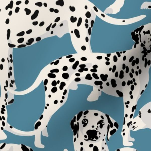 Dalmatian dogs in cream and black on ocean blue background