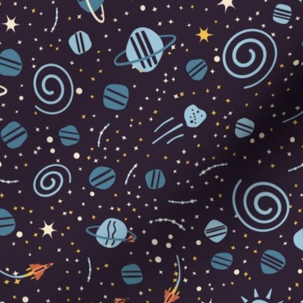 Outer Space Ditsy Rocket Ships and Stars in Ice Blue and Melon