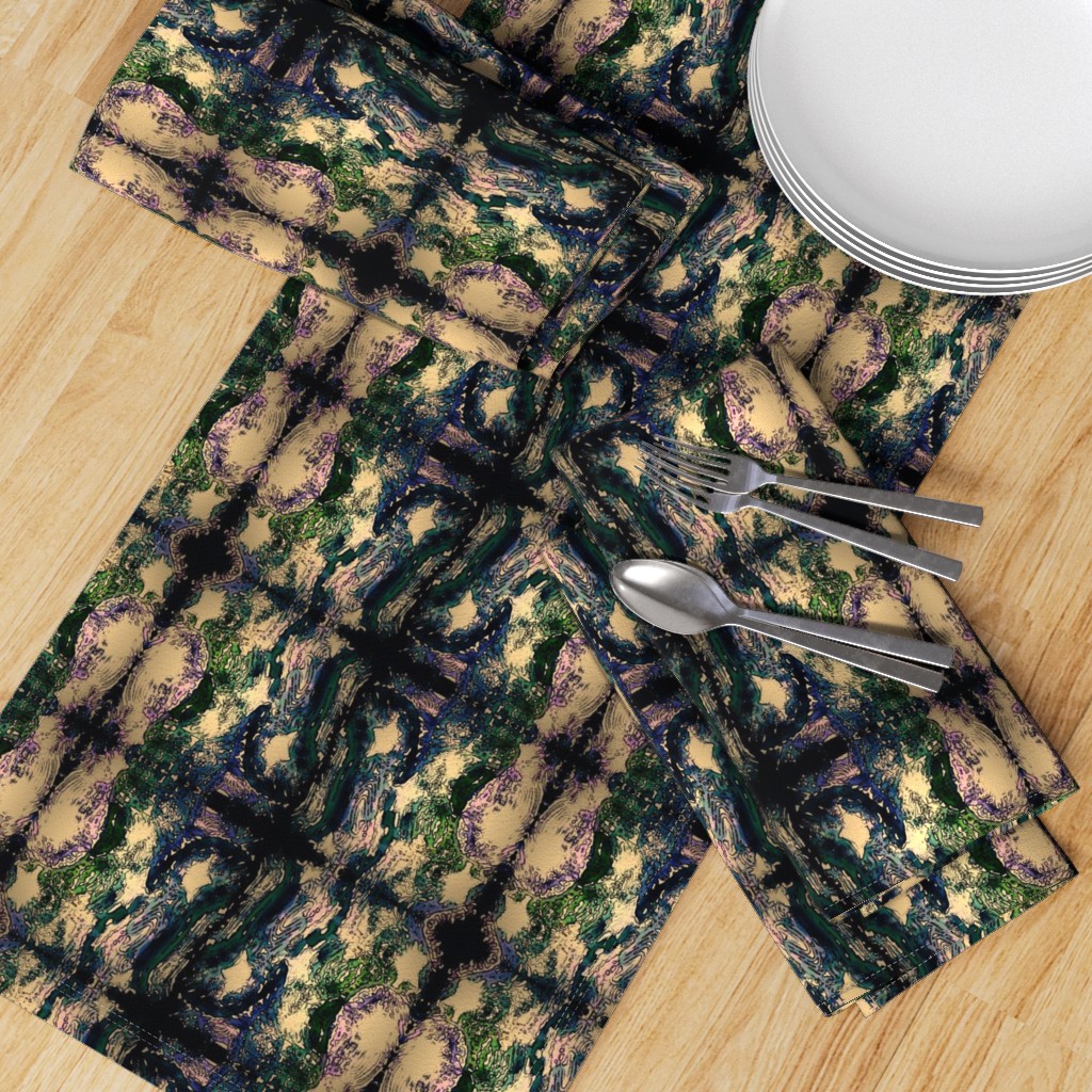 Top down table with a Table Runner placed diagonally with a set of Dinner Napkins, plates and silverware on top