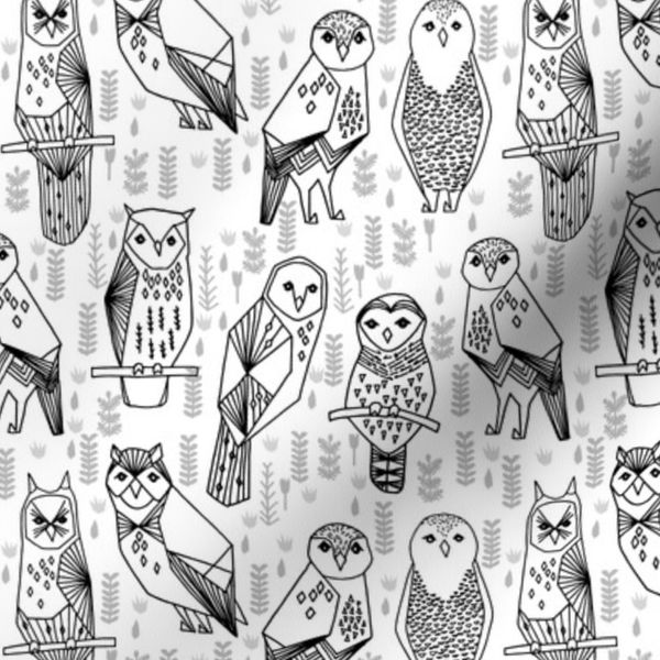 Owls Black and White small hand drawn seamless