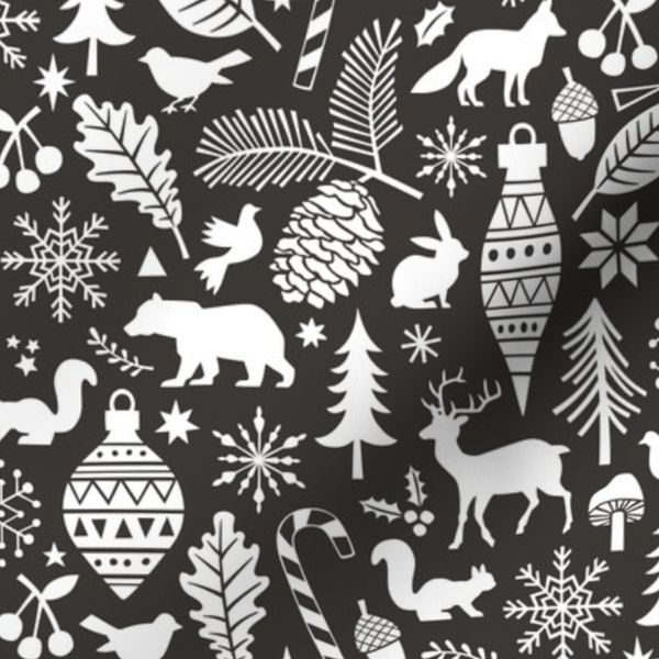 Woodland Forest Christmas Doodle with Deer Bear Snowflakes Trees Pinecone